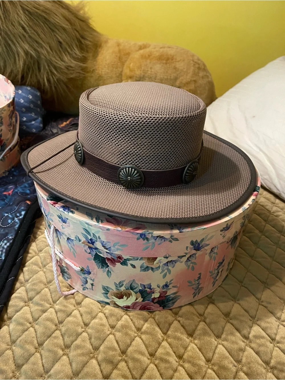 American Hat Makers Brown Mesh Outback Hat with Decorative Band